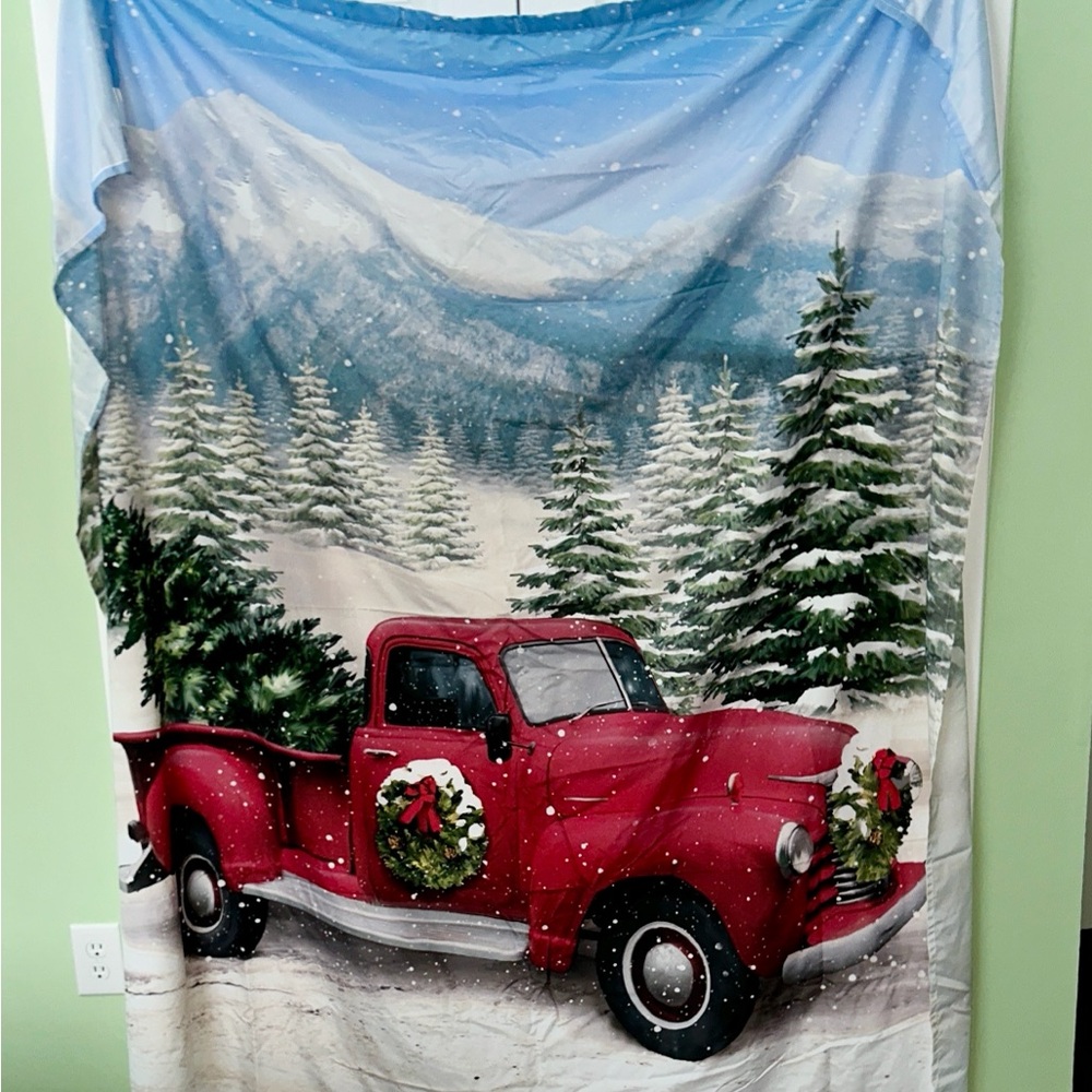 FREE SHIP. Festive Red Truck Holiday shower curtain.